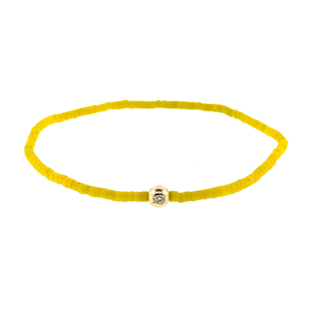 LUIS MORAIS 14k Yellow Gold Ball with White Diamond on a Yellow Glass Beaded Bracelet