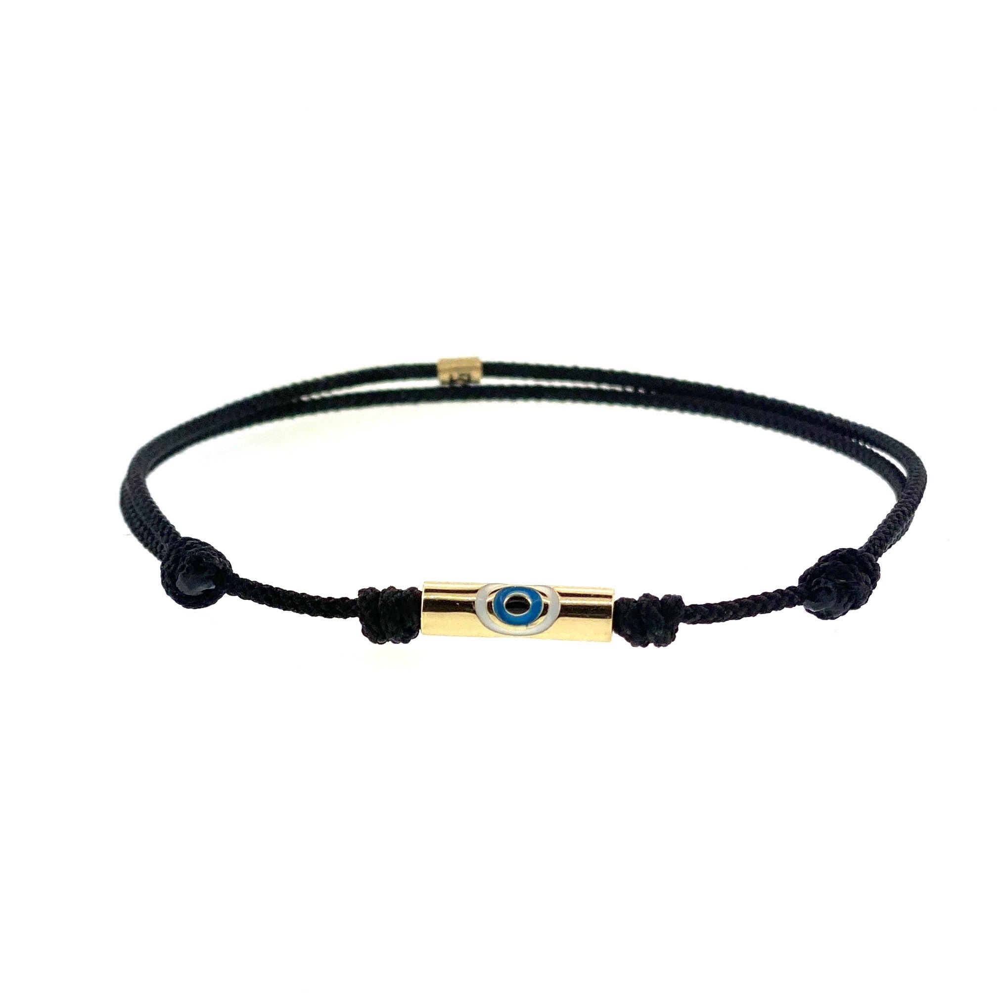 LUIS MORAIS 14K yellow gold tube with an enameled evil eye on an adjustable cord bracelet. Features gold logo spacer.