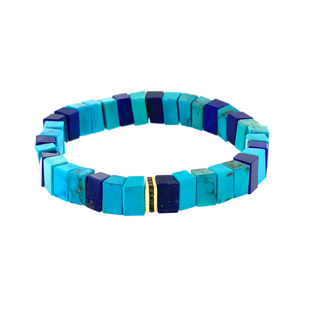 Gold Bead With Sapphires On Turquoise And Lapis Beaded Bracelet