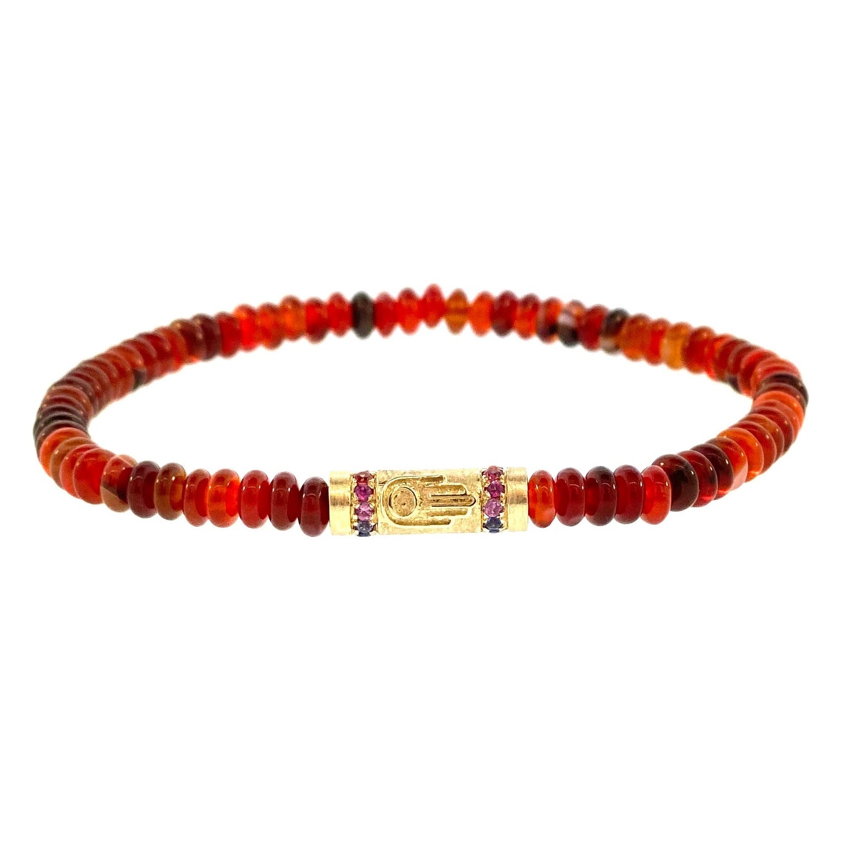 Bracelet with red and brown beads and a gold clasp on a white background