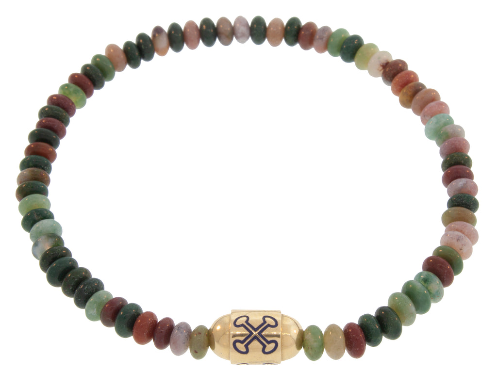 LUIS MORAIS 14K Yellow Gold Blue Enameled I Cannot Die Round Bolt Bead on an Agate Gemstone Beaded Bracelet