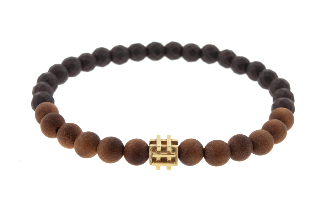 Gold Puzzle Bead On Hematite And Sandalwood Beaded Bracelet