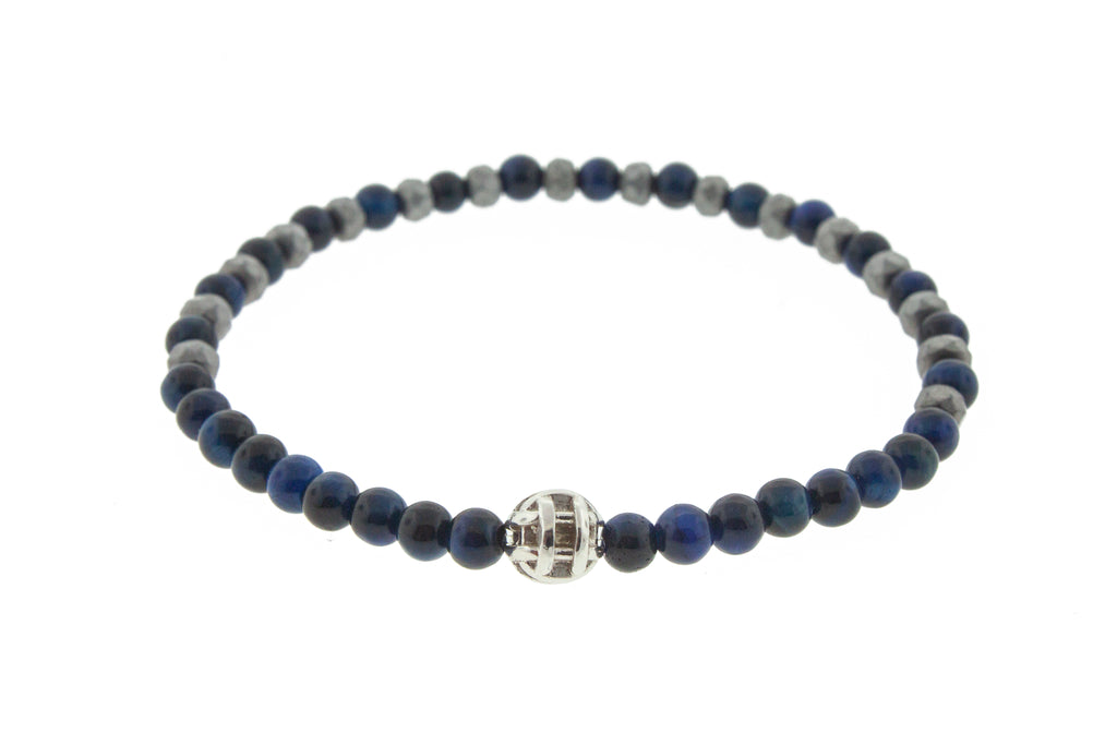 Round White Gold Puzzle Bead On Lapis And Hematite Beaded Bracelet.