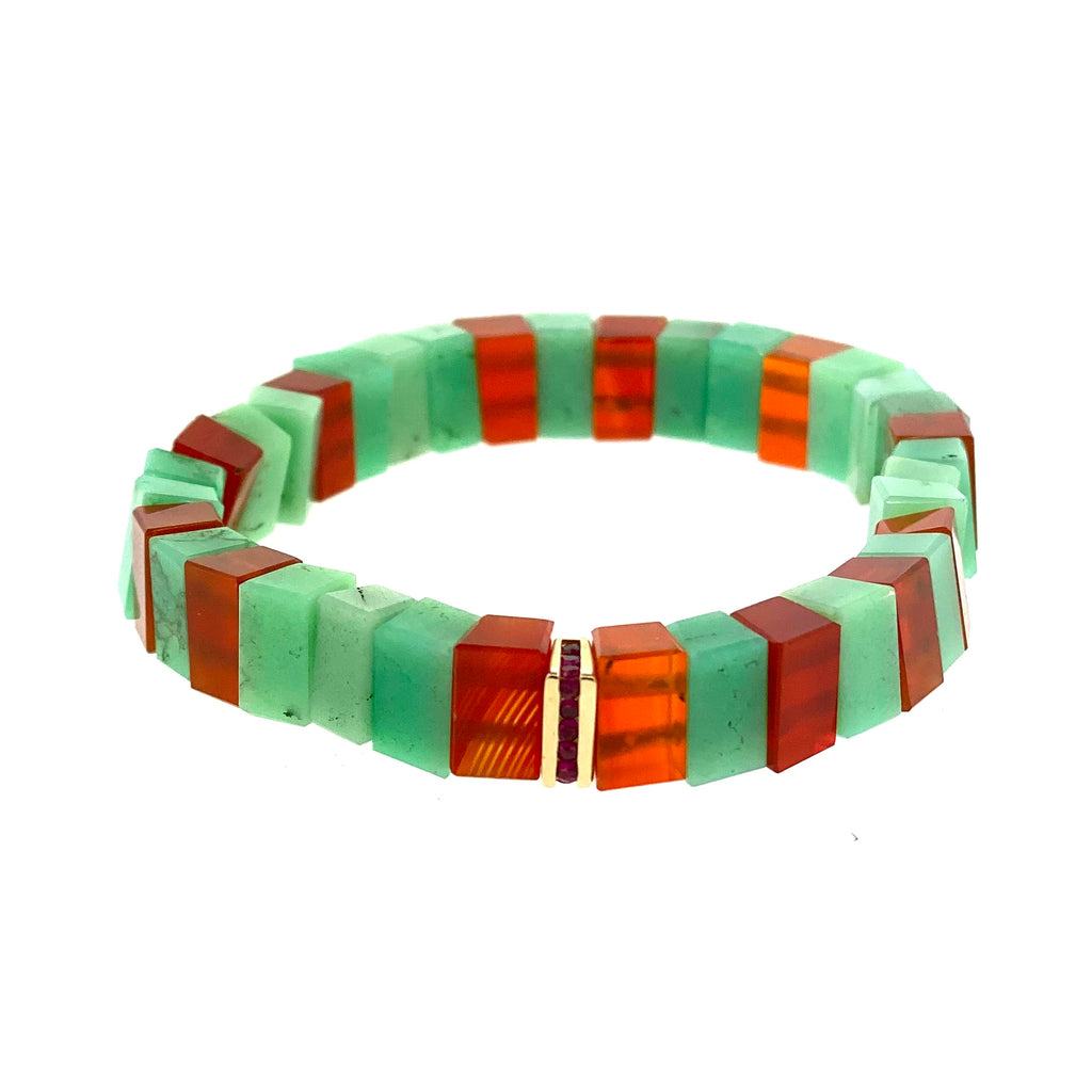 Gold Bead With Rubies On Chrysoprase And Carnelian Beaded Bracelet