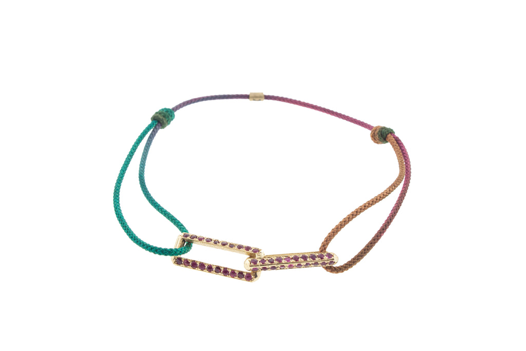 Yellow Gold Link Bracelet With Rubies On a Cord Bracelet