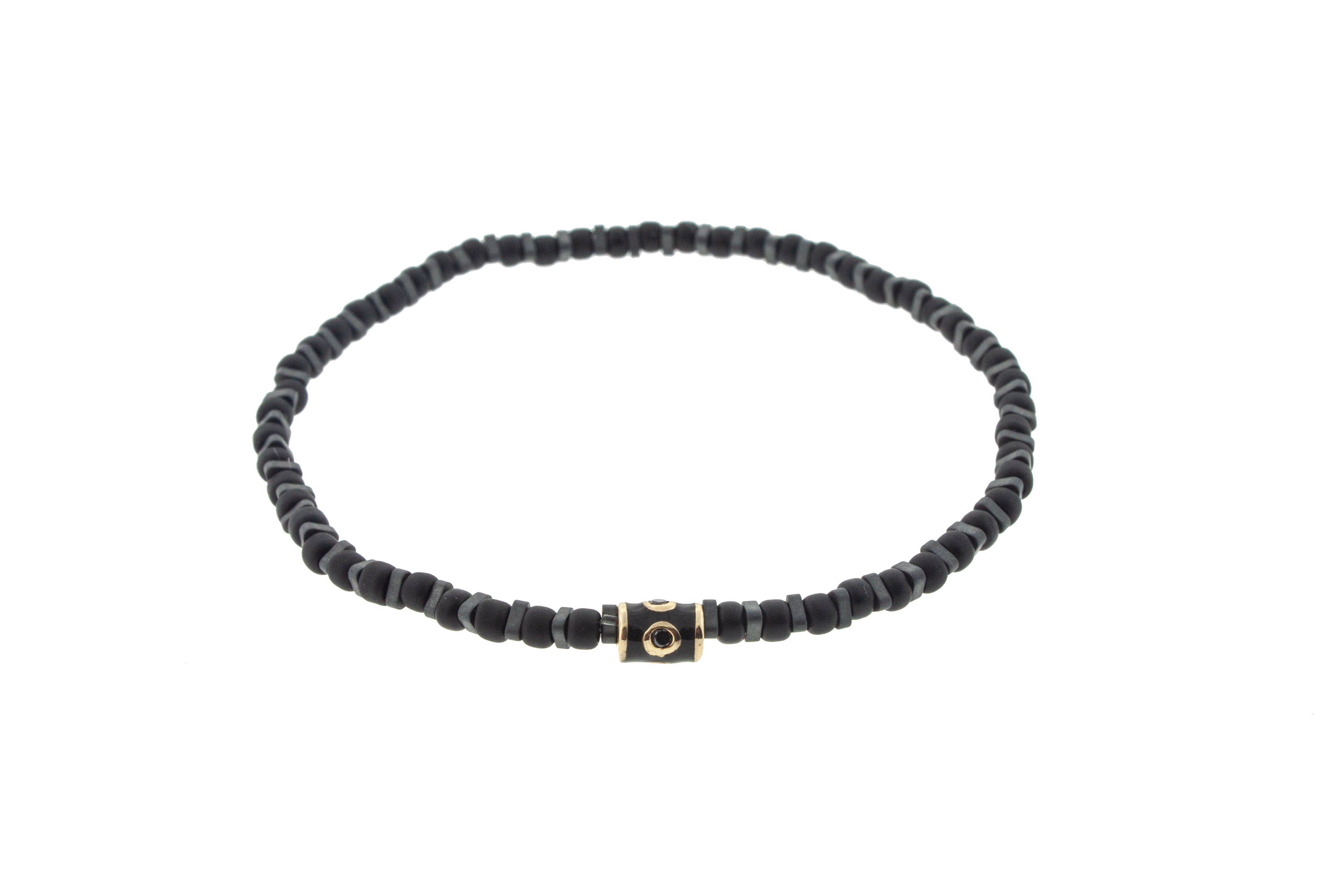 LUIS MORAIS 14K Yellow Gold Enameled Barrel With Black Enamel And Black Diamonds On Glass Beaded Bracelet.