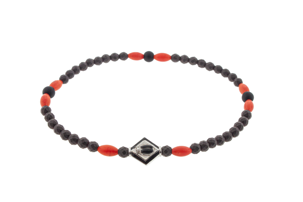 White Gold Scarab Lozenge On Gemstone Beaded Bracelet