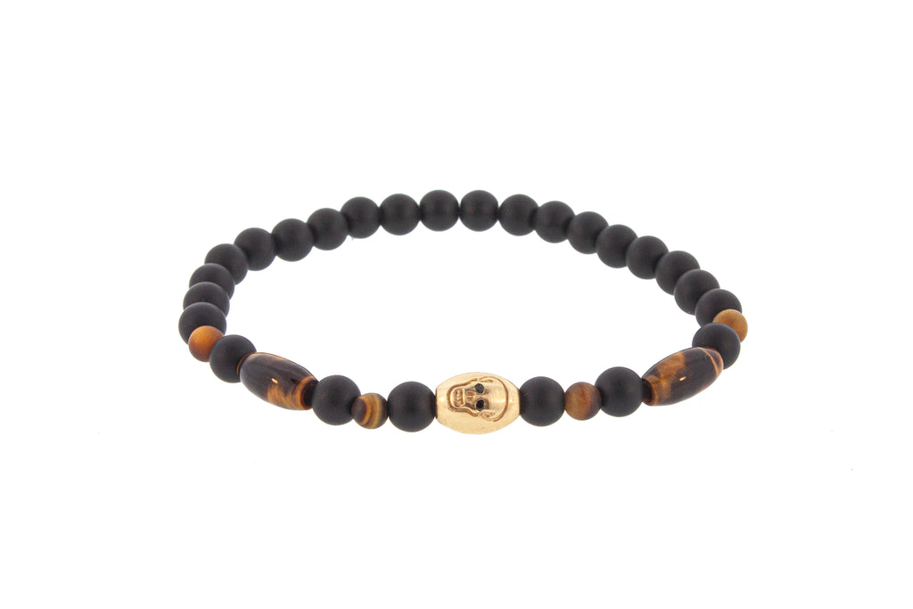 Gold Skull And Black Diamond Eyes On Beaded Bracelet