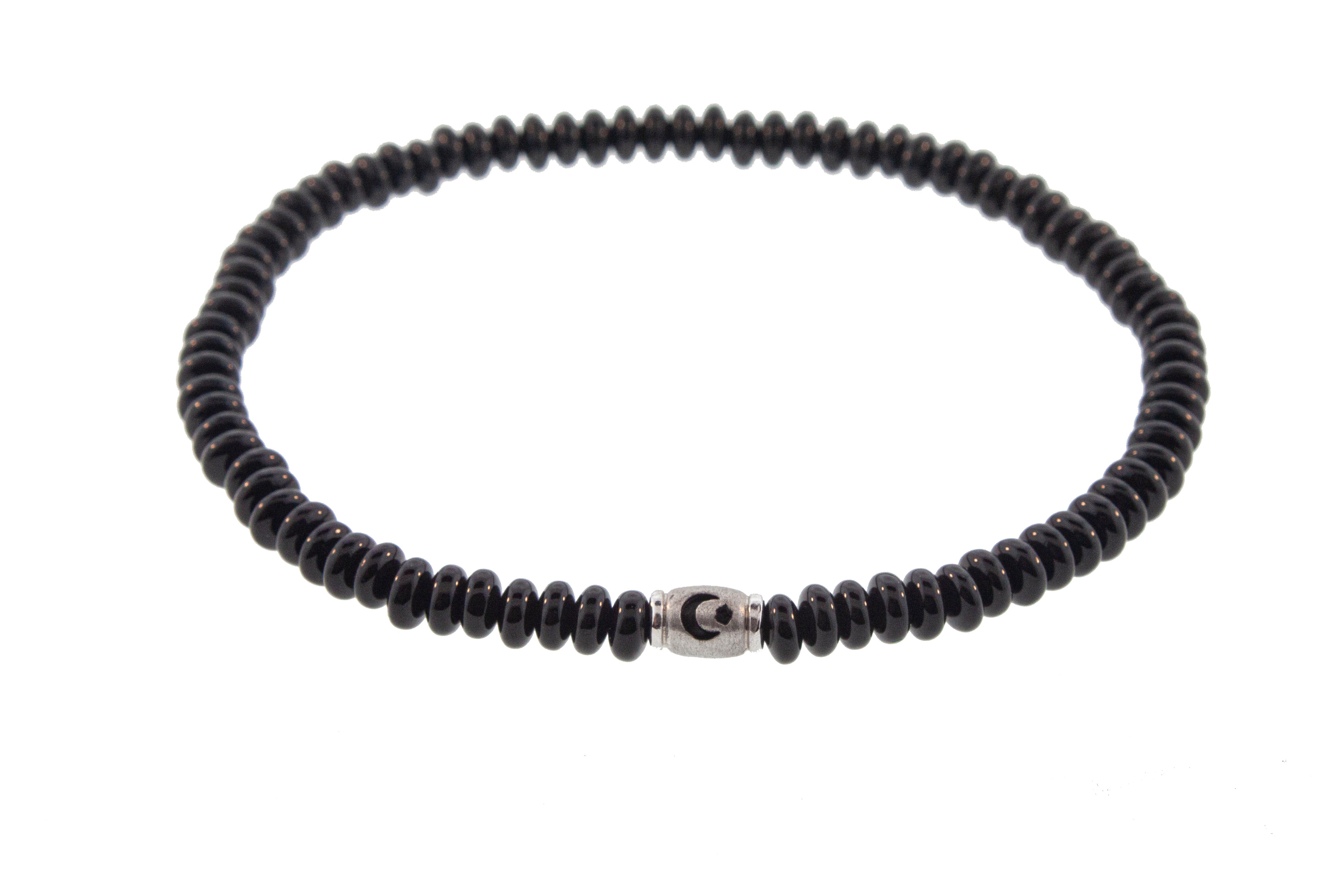 LUIS MORAIS White Gold Mini Barrel with Enameled Moon/Star on an Onyx Beaded Bracelet.