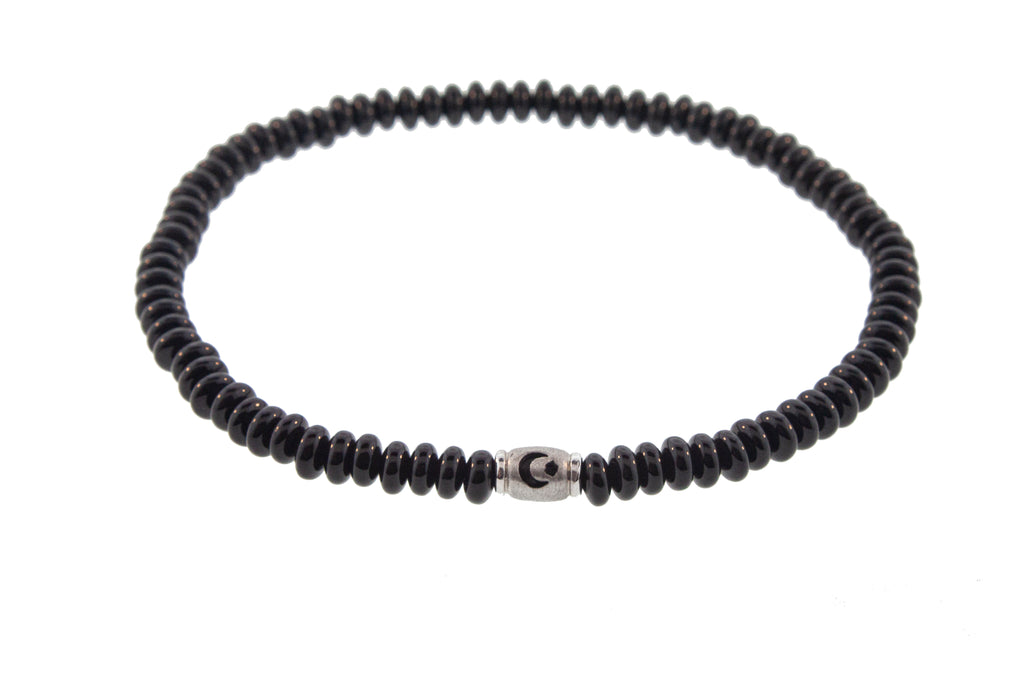 LUIS MORAIS White Gold Mini Barrel with Enameled Moon/Star on an Onyx Beaded Bracelet. 