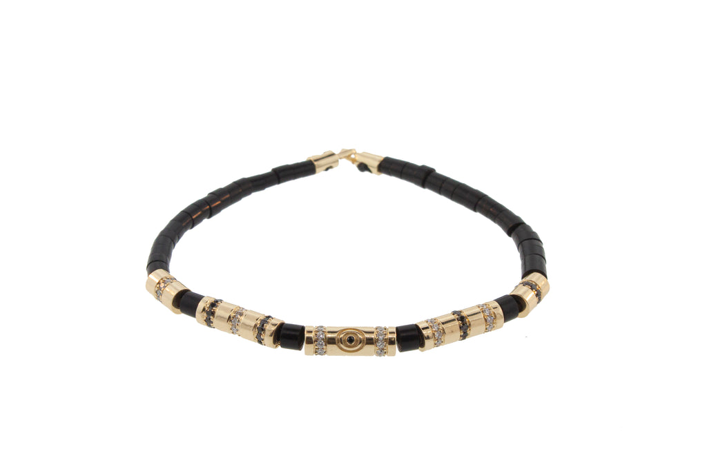 Gold Evil Eye With Black And White Diamonds On Tucum Beaded Bracelet