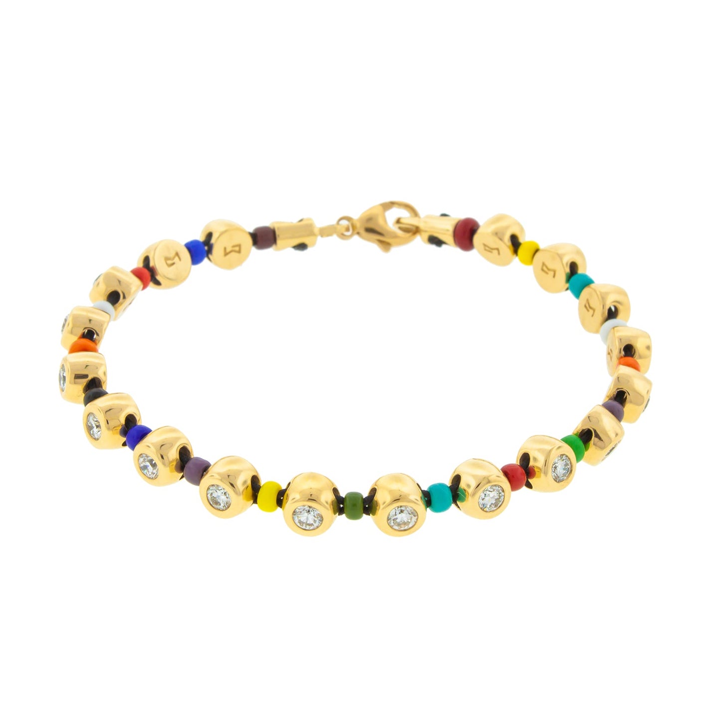LUIS MORAIS 14K Yellow Gold and Diamond Dome Bracelet with Eighteen Domes and Approximately 1.8 CT of White Diamonds. Each Dome is separated by a multi color glass bead. The bracelet closes with our signature Long Clasp.