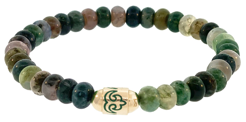 14K Yellow Gold Green Enameled Akokonan Round Bolt Bead on a Gemstone Beaded Bracelet