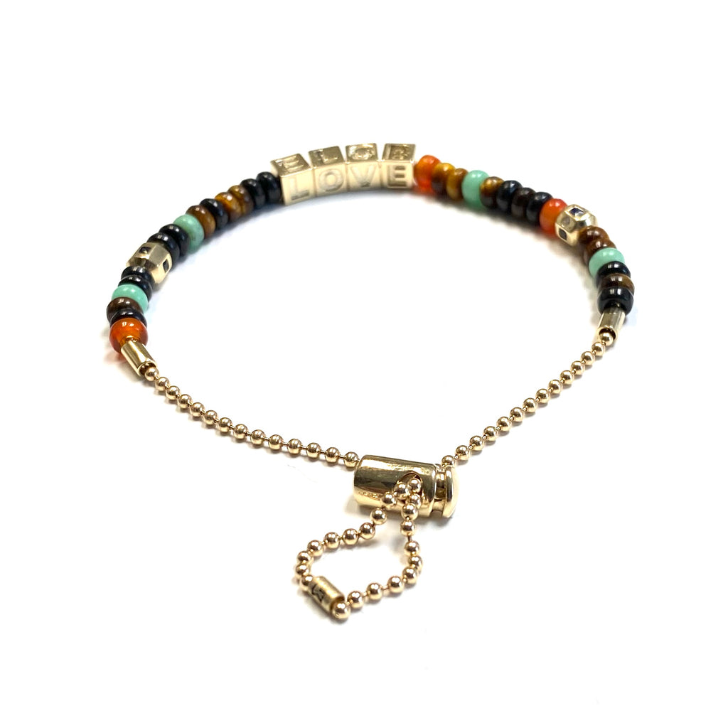 14k Yellow Gold Love Cubes with Sapphire Octagons on a Gemstone Beaded 14k Ball Chain Bracelet and Cord Lock Clasp