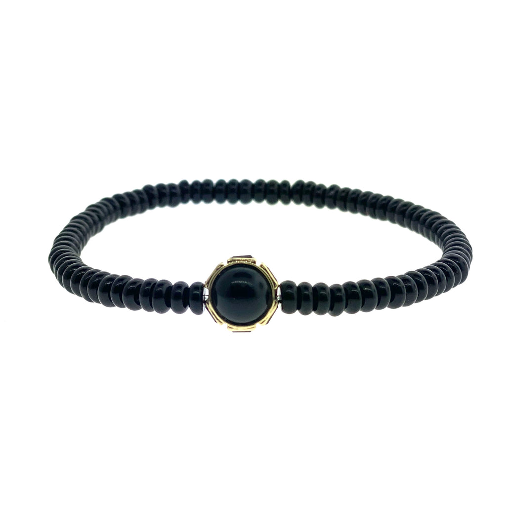 14k Yellow Gold Collar with Black Diamond Baguettes, Onyx And Labradorite Cabochons on a Gemstone Beaded Bracelet