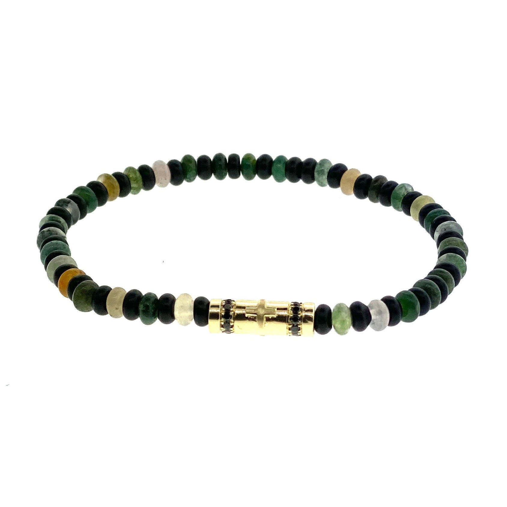 Beaded bracelet with a gold clasp on a white background