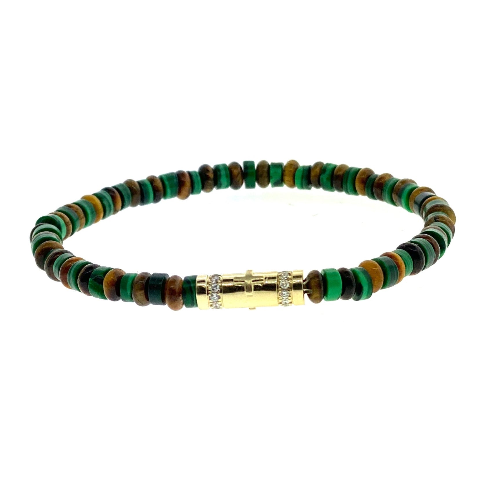 LUIS MORAIS 14k Yellow Gold Cross Relief with white diamonds on a Tiger's Eye and Malachite gemstone beaded bracelet.