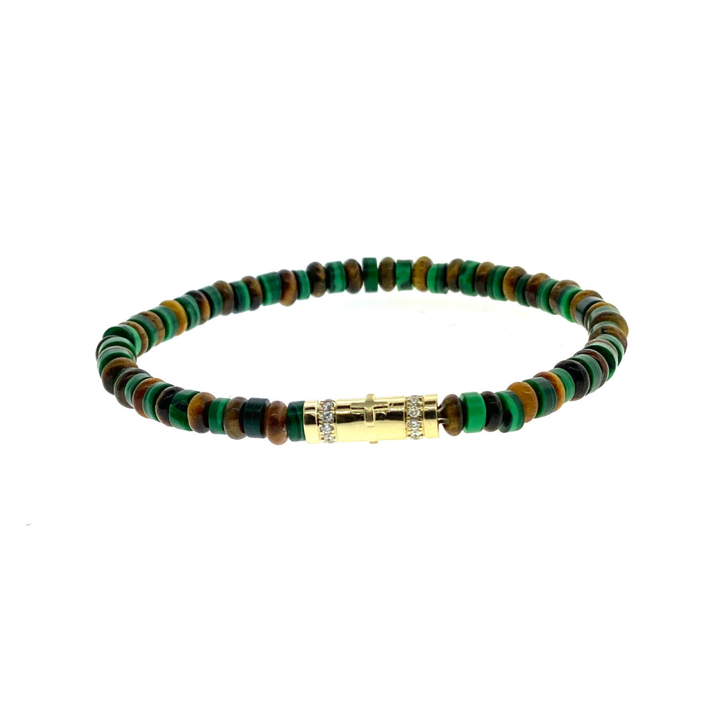 LUIS MORAIS 14k Yellow Gold Cross Relief with white diamonds on a Tiger's Eye and Malachite gemstone beaded bracelet.