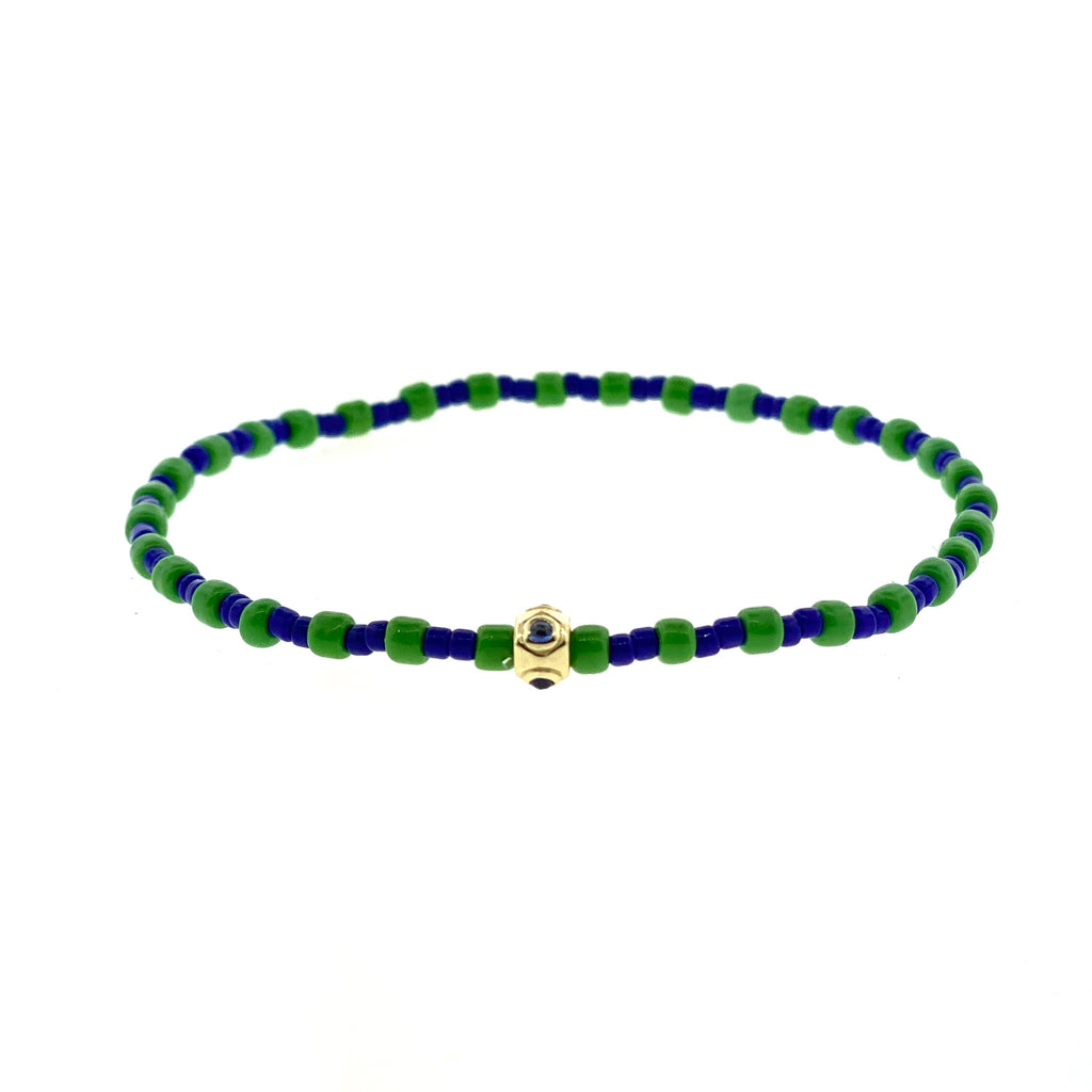 Gold Bezel With Sapphire Cabochon On Glass Beaded Bracelet