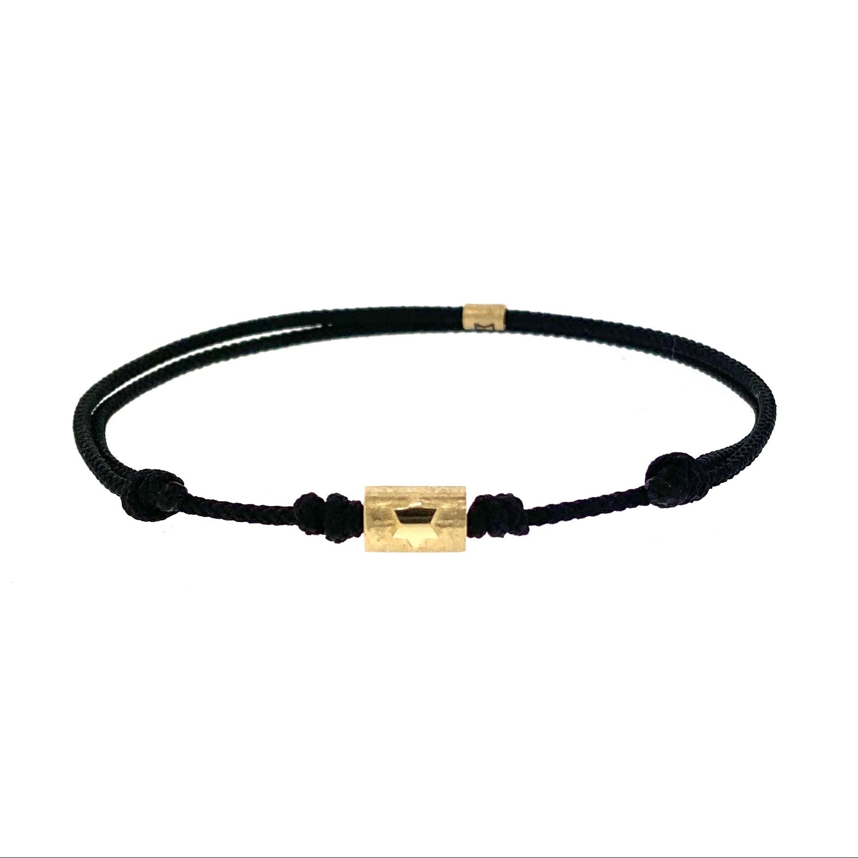 LUIS MORAIS 14K yellow gold short matte tube with a Star of David Relief on an adjustable cord bracelet. Features gold logo spacer.