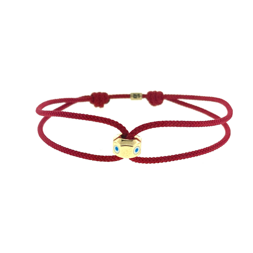 14k Yellow Gold Octagon with Enameled Evil Eye on a Cord Bracelet