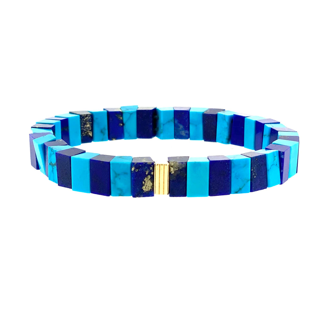 Gold Ribbed Bead On Lapis And Turquoise Beaded Bracelet