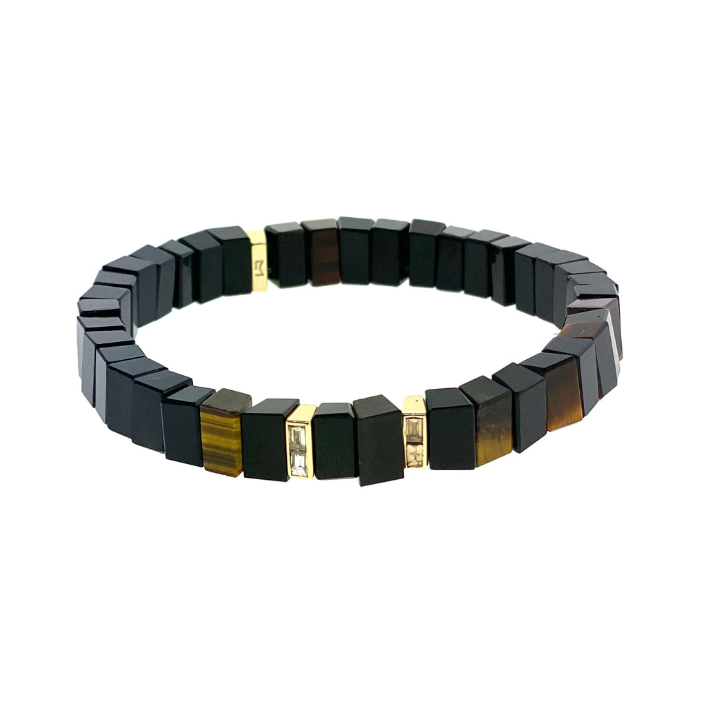 Gold Bead With White Diamond Baguettes On Tiger's Eye Beaded Bracelet