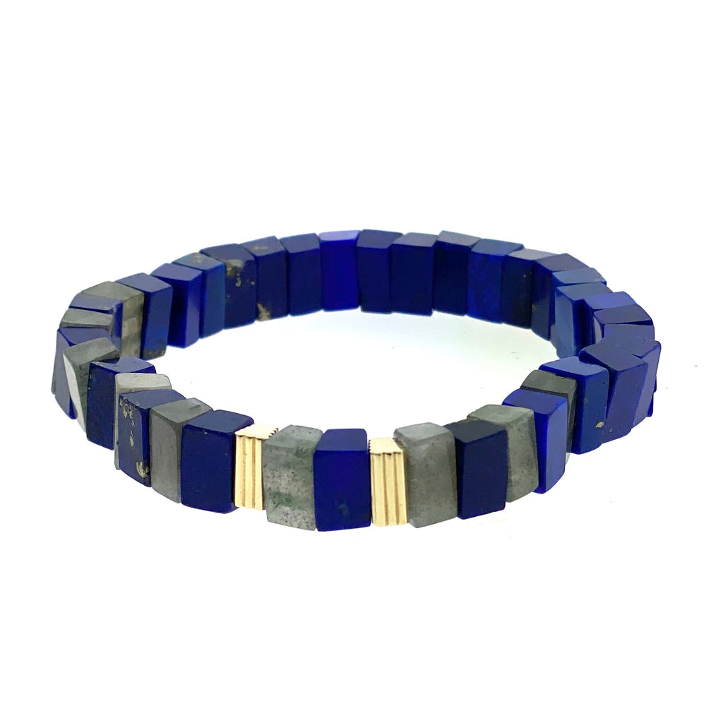 Gold Ribbed Beads On Lapis And Labradorite Beaded Bracelet