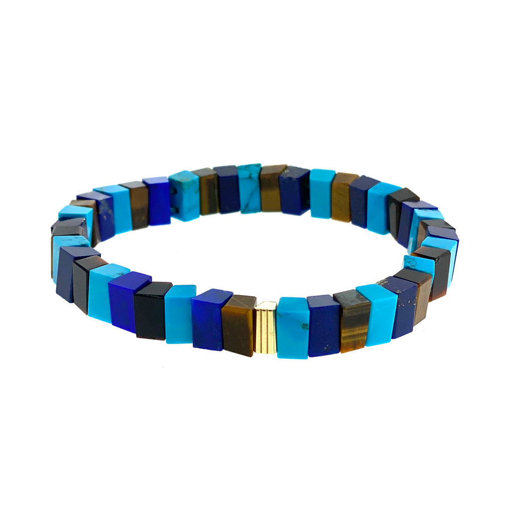 Gold Ribbed Bead On Lapis, Turquoise and Tiger's Eye Beaded Bracelet