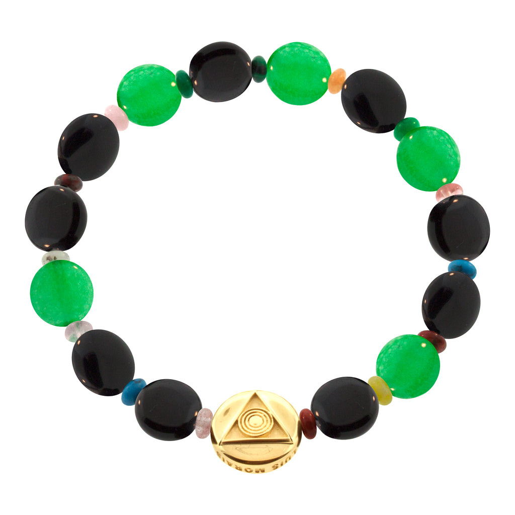 LUIS MORAIS 14K yellow gold large disk with the light of the majestic symbol on large green chalcedony and onyx disks and small round multi gemstones on a beaded bracelet. The light of the majestic represents the symbol where all life came from. The symbol and diamonds are on both sides of the gold.