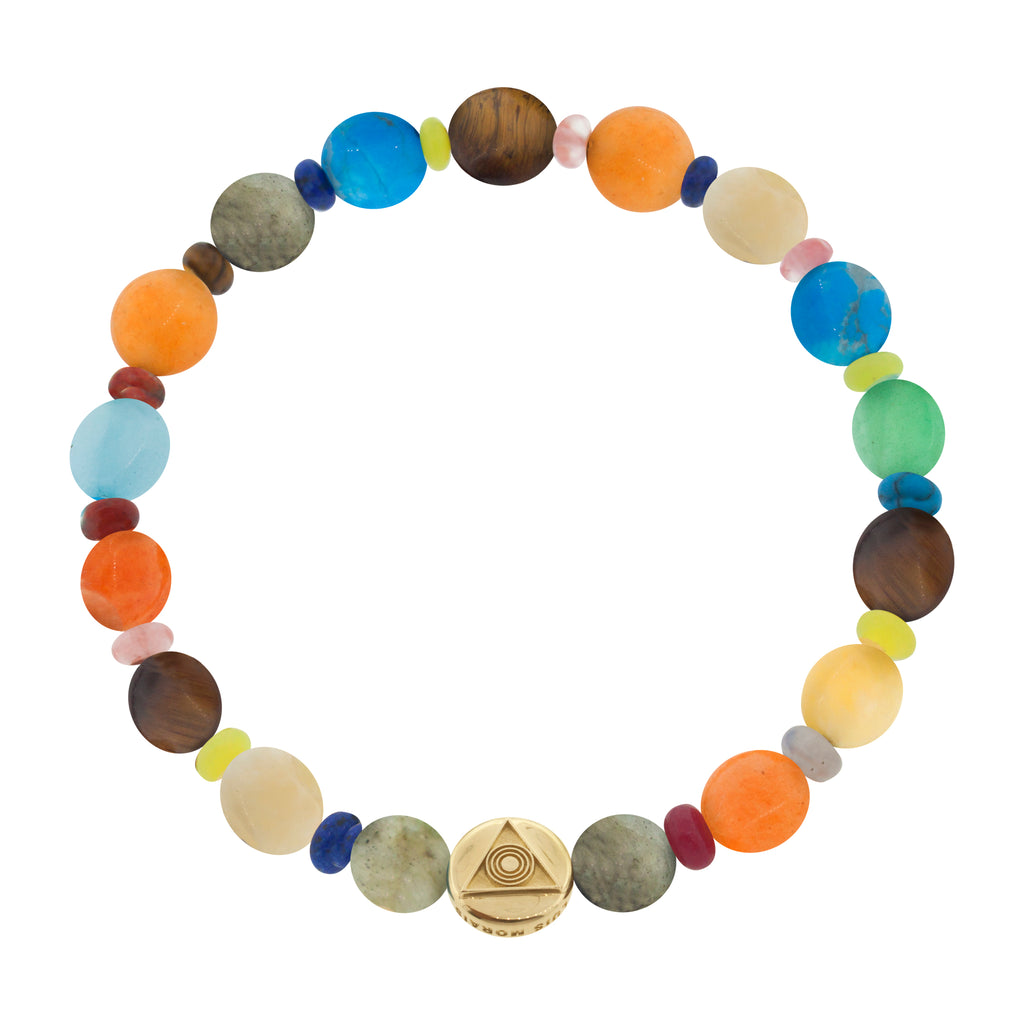 LUIS MORAIS 14K yellow gold small disk with a Light of the Majestic symbol on medium multi gemstone disks and roundel beads on a beaded bracelet. The light of the majestic represents the symbol where all life came from. The symbol is on both sides of the gold. 