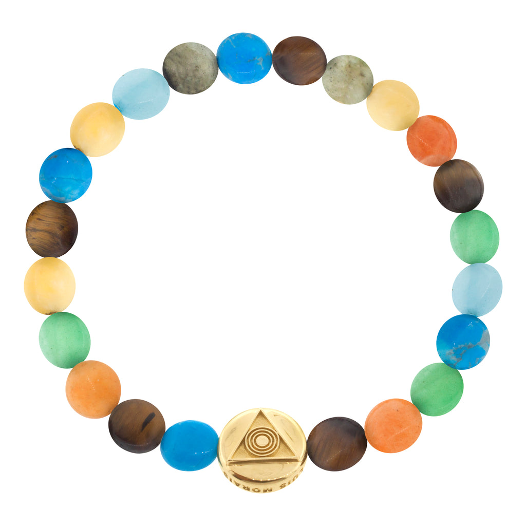 LUIS MORAIS 14K yellow gold large disk with a Light of the Majestic symbol on medium multi gemstone disks on a beaded bracelet. The light of the majestic represents the symbol where all life came from. The symbol is on both sides of the gold.