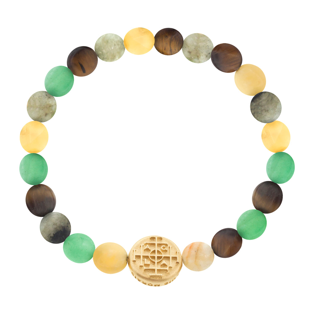 LUIS MORAIS 14K yellow gold large disk with a money seal symbol on medium multi gemstone disks on a beaded bracelet. The money seal is meant to bring fortune to the wearer.