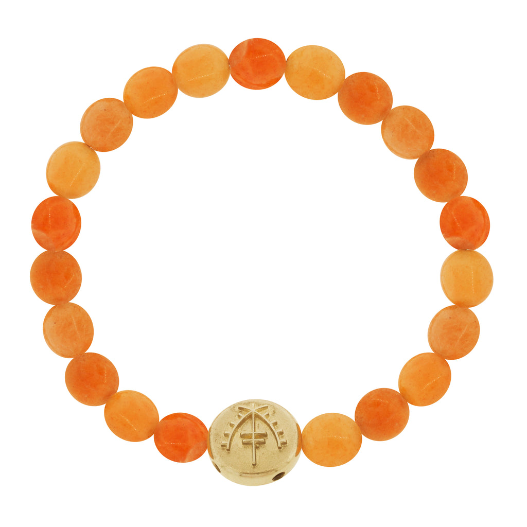 LUIS MORAIS 14K yellow gold large disk with a Moor symbol on medium orange carnelian gemstone disks on a beaded bracelet. The Moor symbol is a protection symbol.