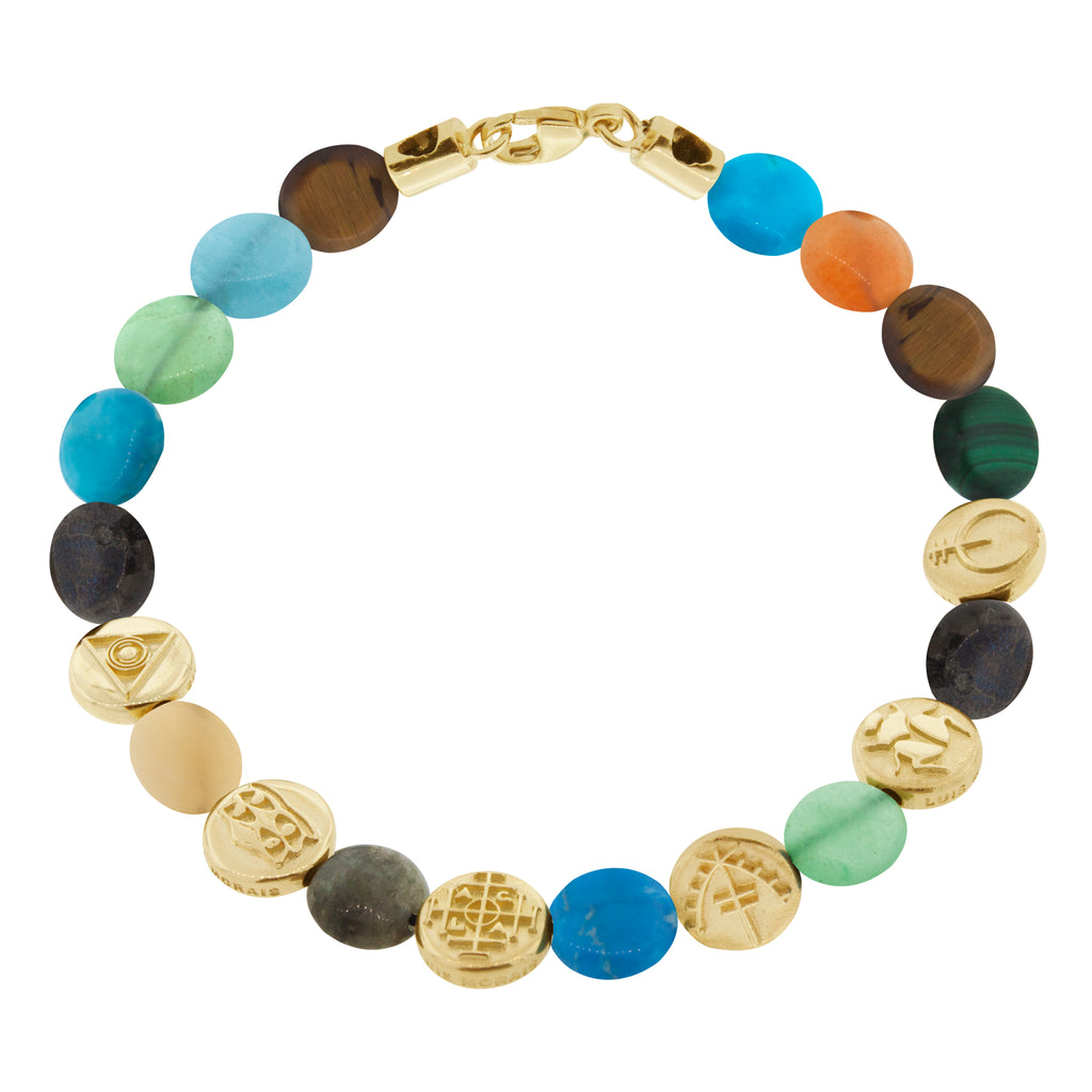 LUIS MORAIS six 14K yellow gold small disks with symbols on a gemstone disk beaded bracelet with a 14K yellow gold long clasp.