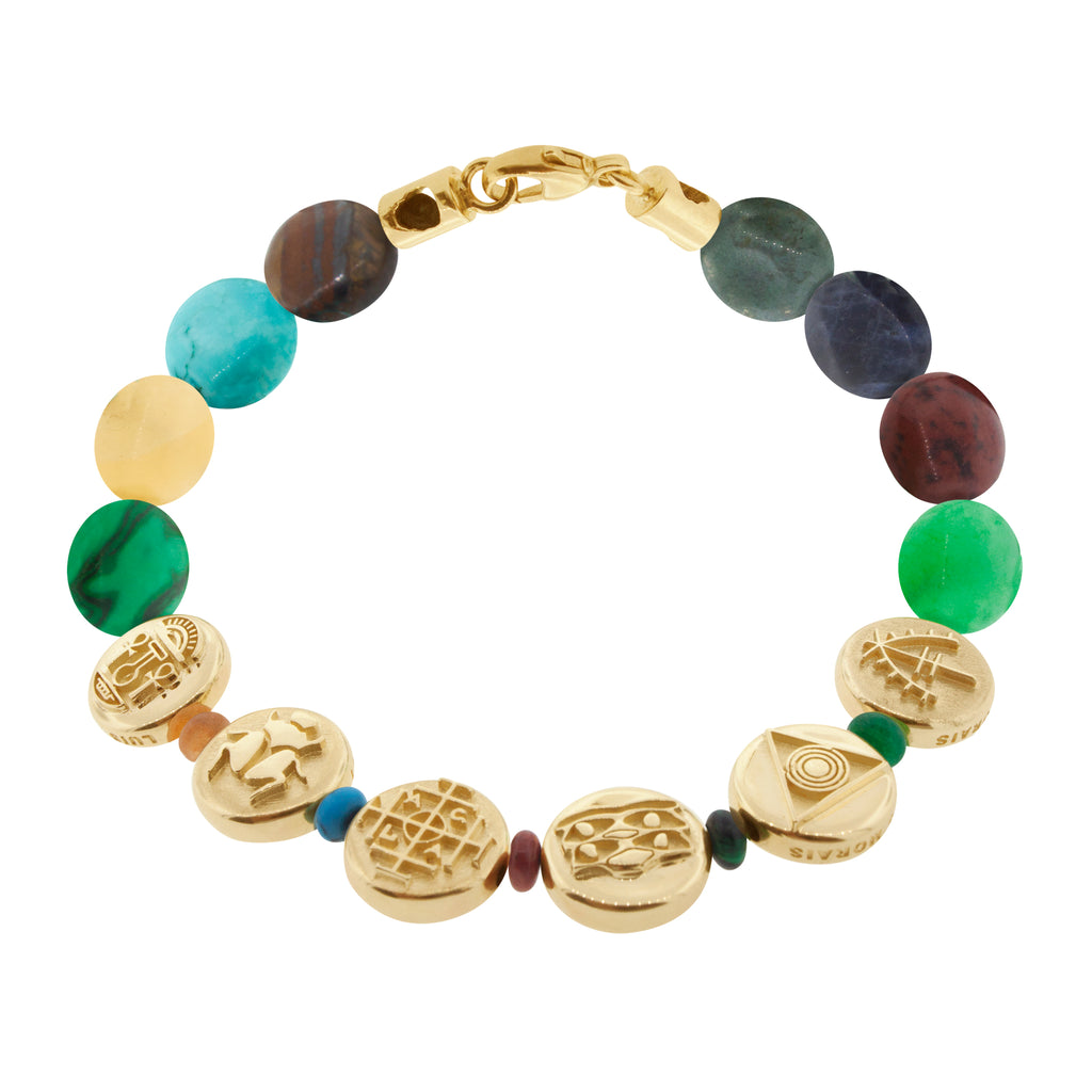 LUIS MORAIS six 14K yellow gold large disks with symbols on a multi gemstone disk beaded bracelet with a 14K yellow gold long clasp. The symbols include good luck, a scarab, the ancient money seal, triple Horus eyes, the light of the majestic, moor protection symbol. The gold disks have symbols on both sides. 