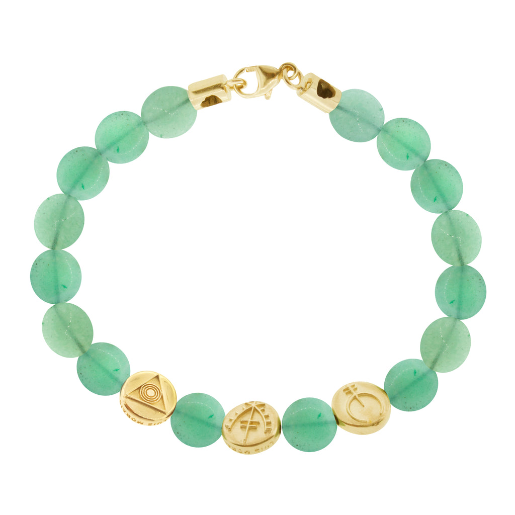 LUIS MORAIS 14K yellow gold small disks on a green chalcedony gemstone beaded bracelet with a 14K yellow gold long clasp.