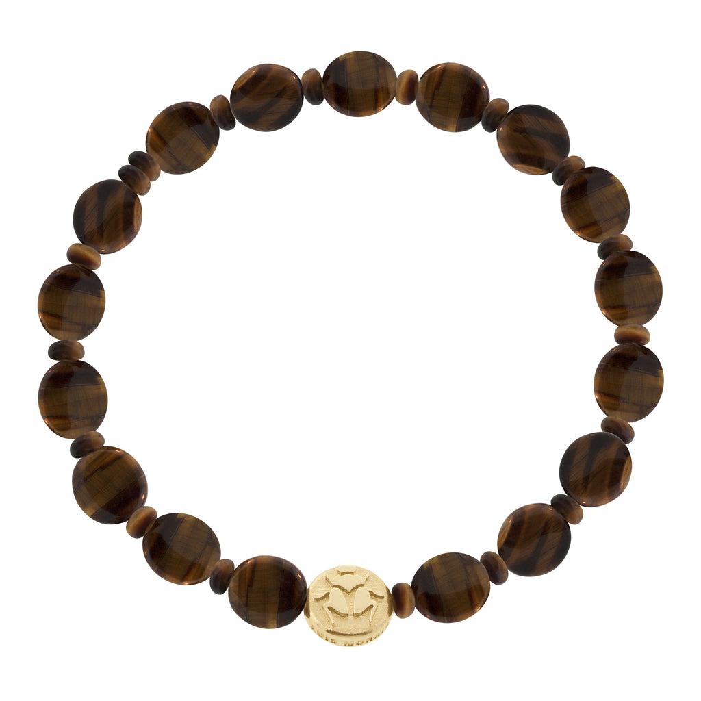 LUIS MORAIS 14K yellow gold small disk with a scarab symbol on medium tiger's eye disks and roundel beads on a beaded bracelet. The symbol is on both sides of the gold.