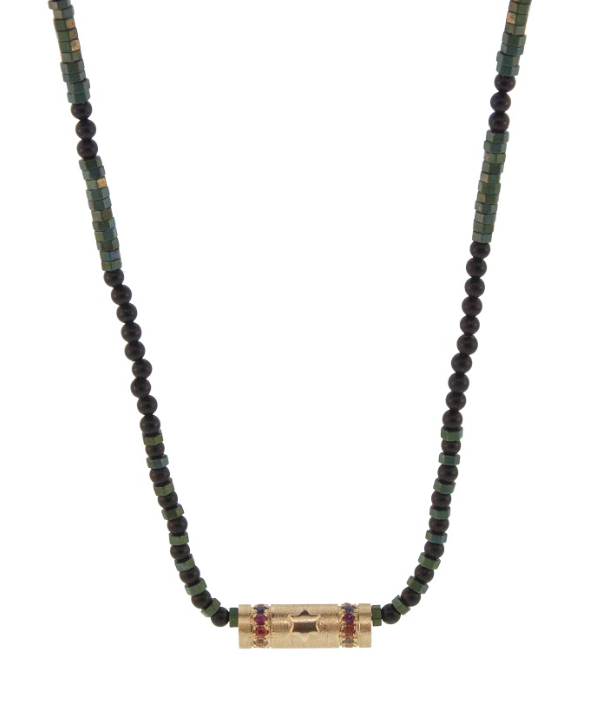 Gold Star Of David With Sapphires On Beaded Necklace