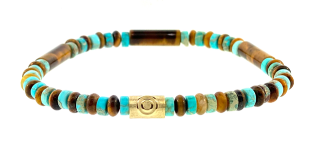 14k Yellow Gold Matte Tube With Evil Eye Relief on a Turquoise and Tiger's Eye Beaded Bracelet