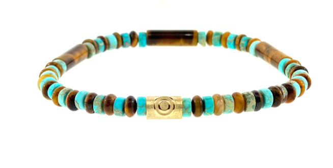 14k Yellow Gold Matte Tube With Evil Eye Relief on a Turquoise and Tiger's Eye Beaded Bracelet