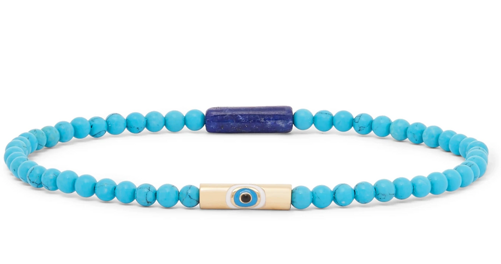 LUIS MORAIS 14K Yellow Gold Large Evil Eye Tube with Enamel on a Turquoise Beaded Bracelet