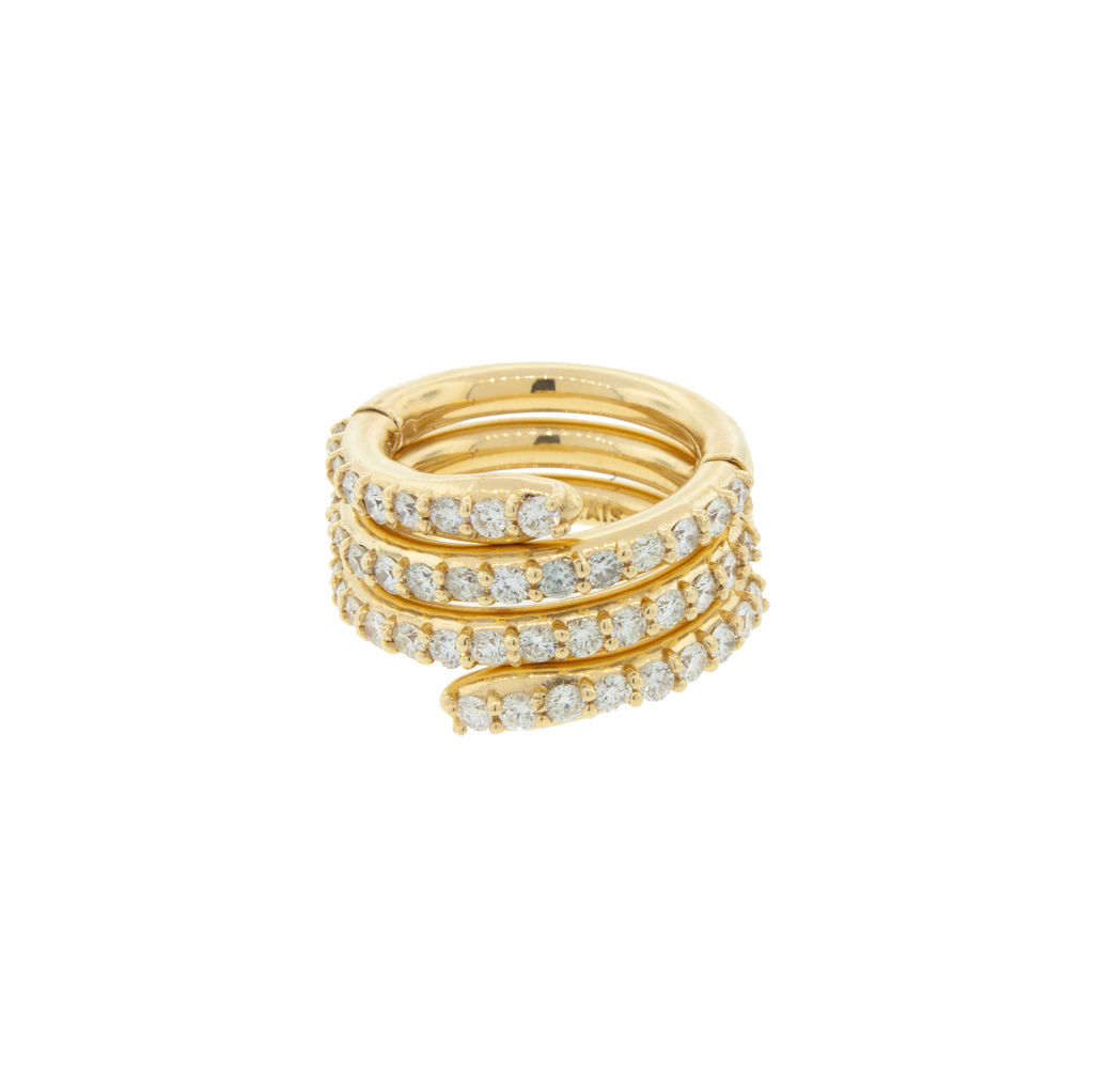 14K Yellow Gold Serpentine Ring with Round TLC Diamonds  This ring is articulated in a way that you can put the ring on several fingers or just one. Get creative on your fingers!  Choose the size of the largest finger you would like to wear it on.  If any other size is needed, please reach out to customer service. 