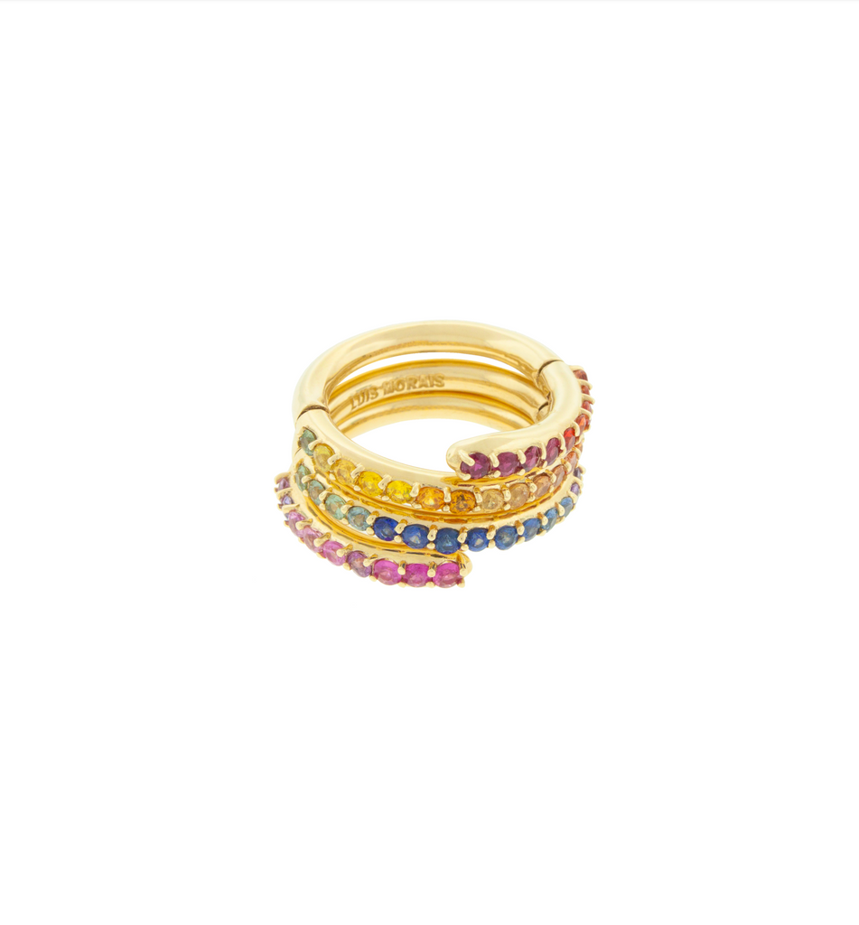 14K Yellow Gold Serpentine Ring with Round Rainbow Sapphires 