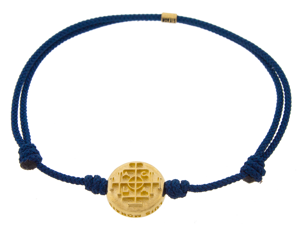 LUIS MORAIS 14K yellow gold large money seal disk on a navy cord bracelet. 