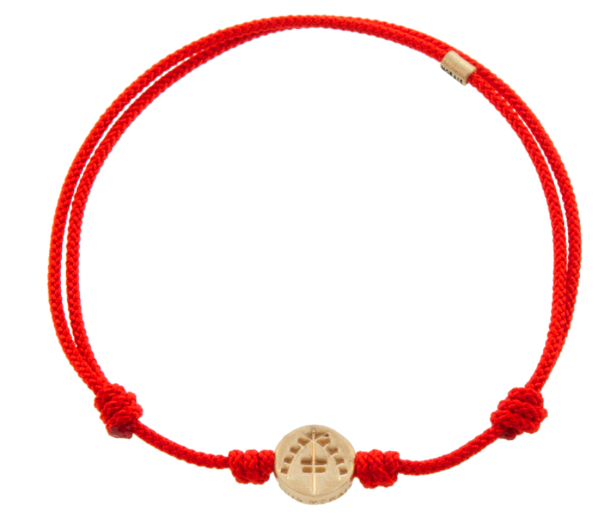 LUIS MORAIS 14K yellow gold small disk with a Moor symbol on a tomato cord bracelet. The symbol is on both sides of the gold.