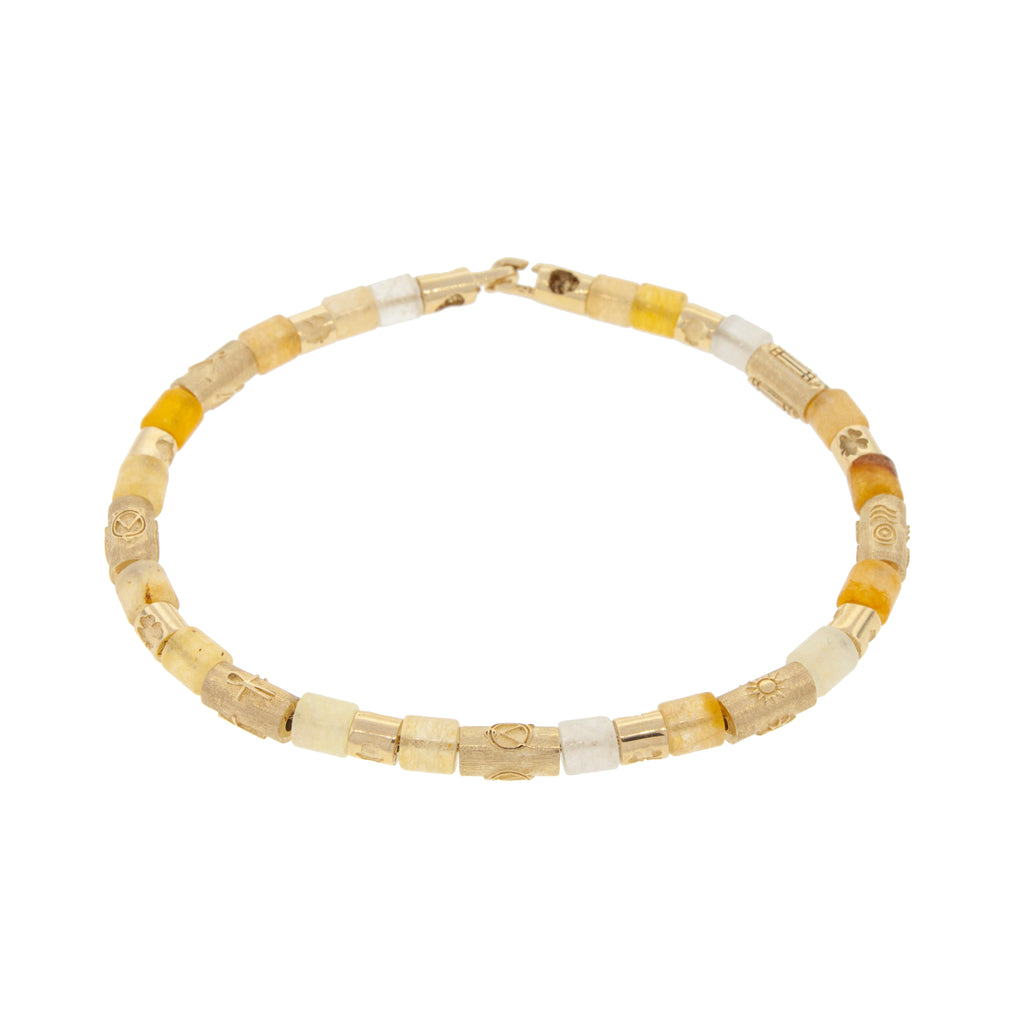 14k Yellow Gold Multi Symbol Cylinders and Yellow Jade Short Rolls on a Beaded Bracelet with hook clasp