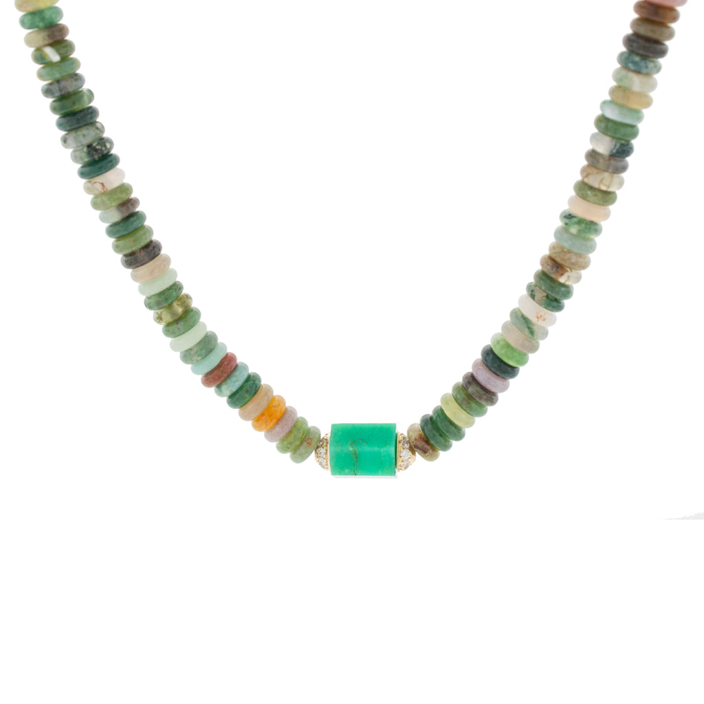 LUIS MORAIS 14K yellow gold hexagon chrysoprase bolt with two channels of white diamonds on an Indian agate gemstone beaded choker necklace with a 14K yellow gold long clasp