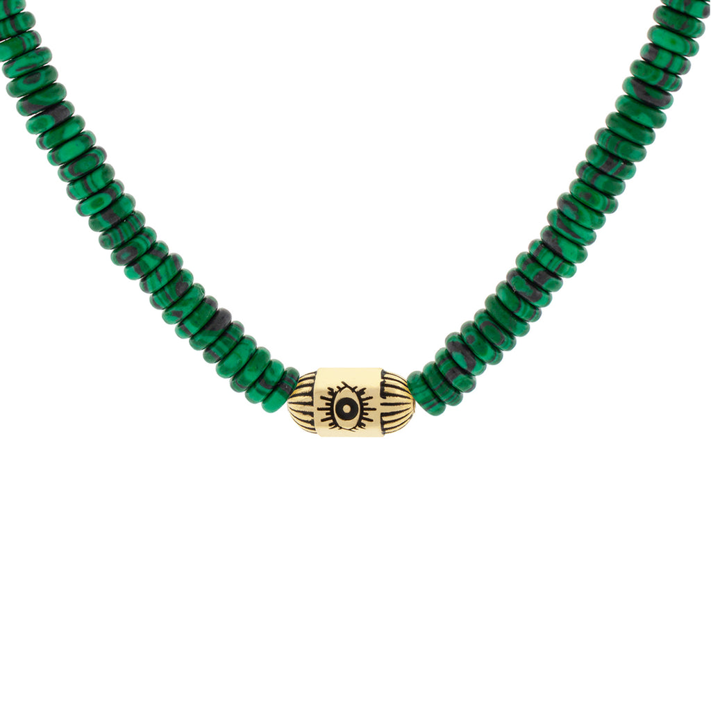 LUIS MORAIS 14K yellow gold antiqued evil eye hexagon bolt bead on a malachite beaded choker necklace with a 14K yellow gold long clasp