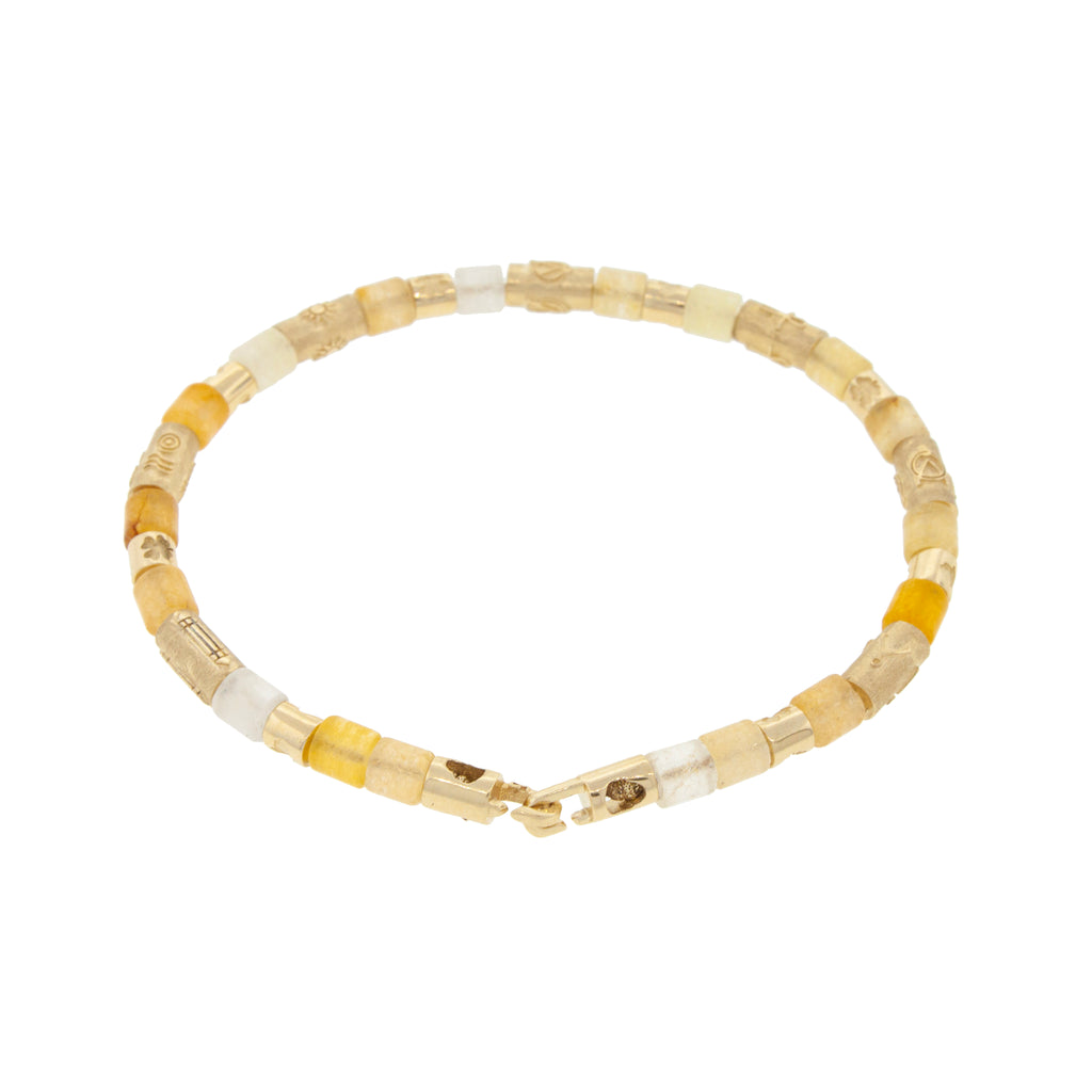 14k Yellow Gold Multi Symbol Cylinders and Yellow Jade Short Rolls on a Beaded Bracelet with hook clasp